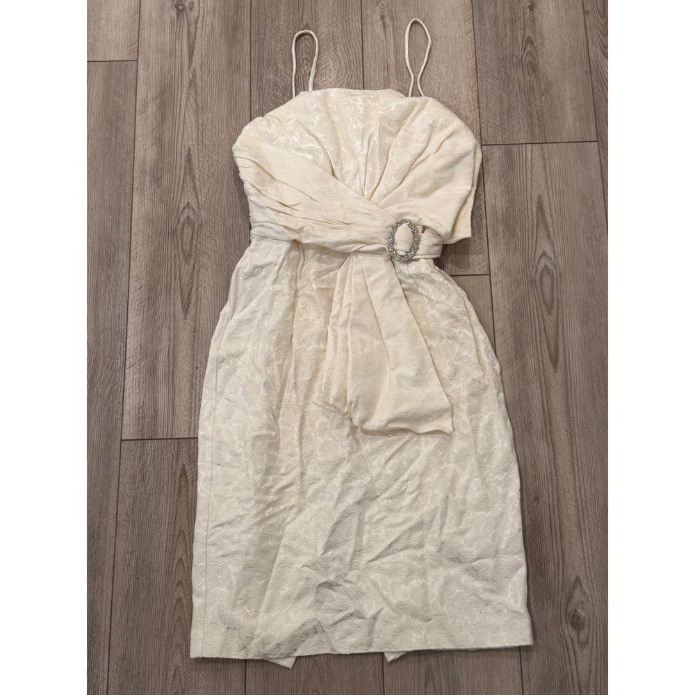 Samantha Black Vintage Cream Floral Jacquard Rhinestone Buckle Cocktail Dress